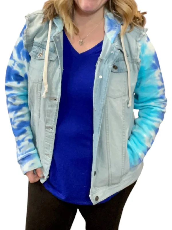 Denim Jacket With Tie Dye Accents Hoodie In Blue