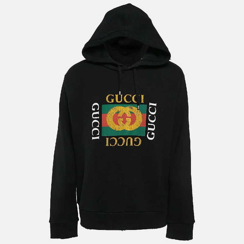 Gucci Black Vintage Print Cotton Knit Distressed Hoodie