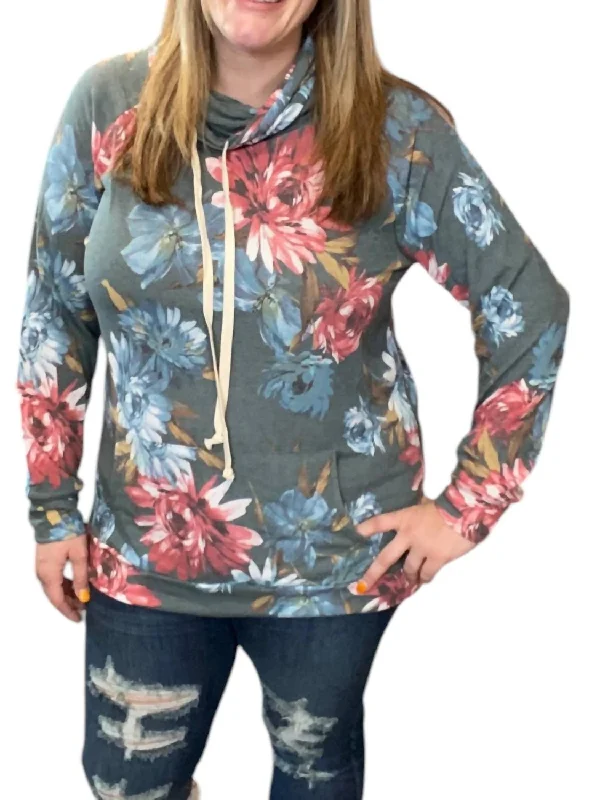 Floral Cowlneck Hoodie In Gray