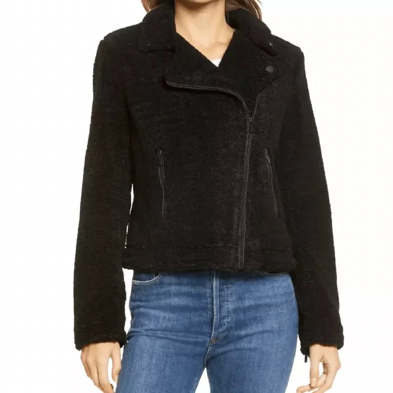 Faux Fur Shearling Moto Jacket In Black