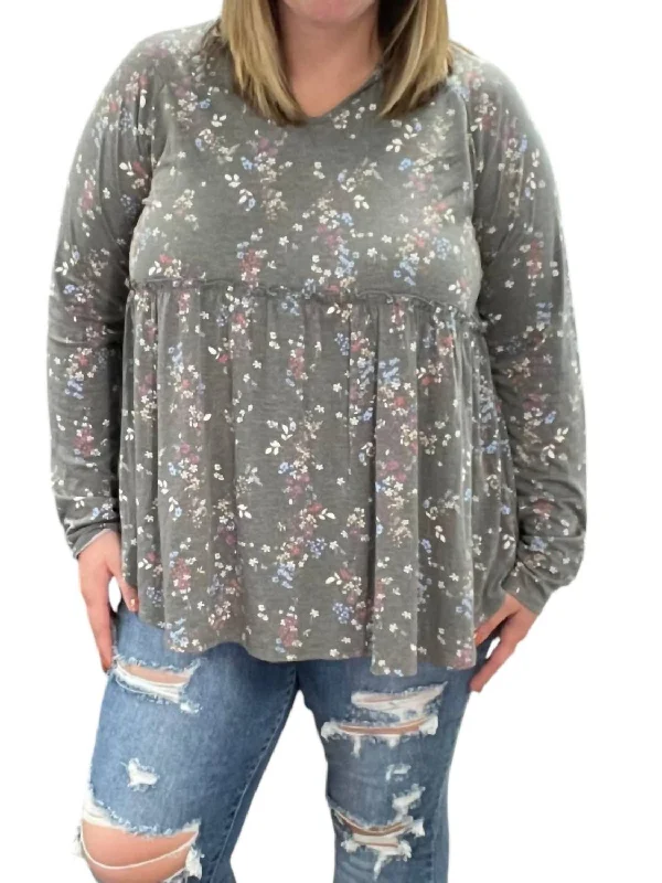 Floral Hooded Babydoll Top In Gray