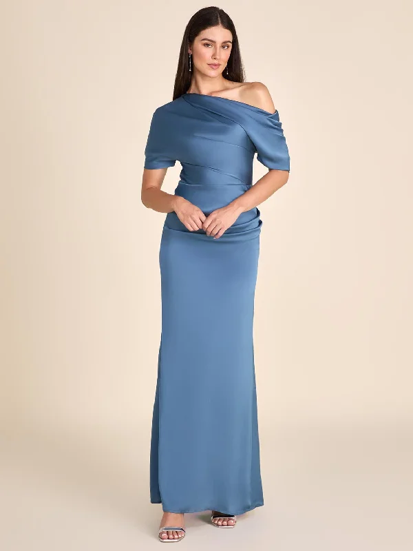 One-Shoulder Satin Gown With Pleated Detail