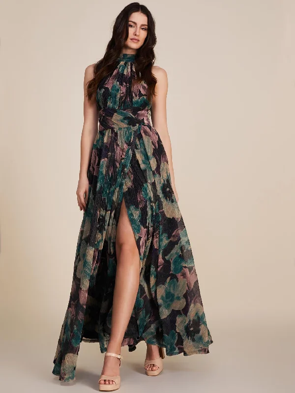 Printed Halter Metallic Crinkle Knit Gown