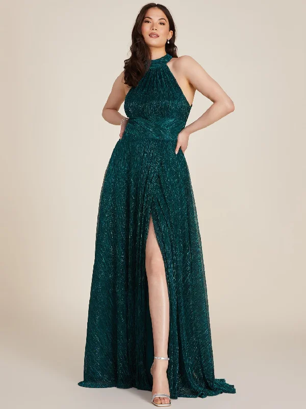 Halter Metallic Crinkle Knit Gown