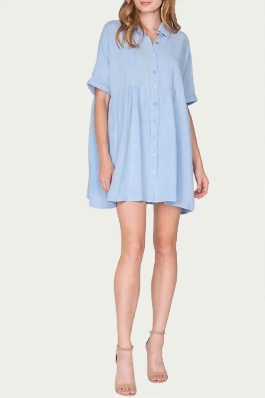 Linen-Blend Mini Shirt Dress In Baby Blue