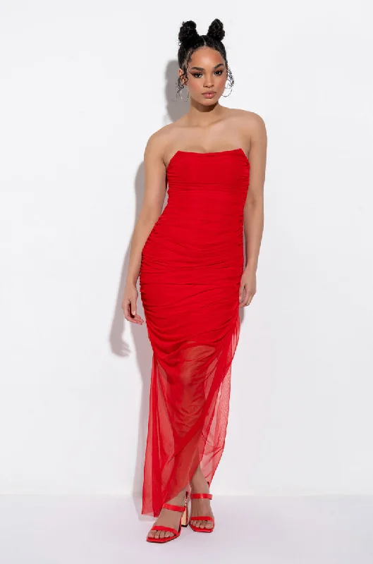 LOVE ME MORE TUBE RUCHED MESH MIDI DRESS