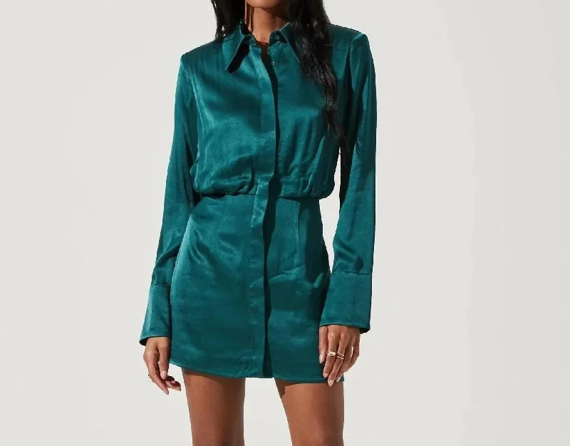 Ruth Satin Shirt Mini Dress In Hunter Green