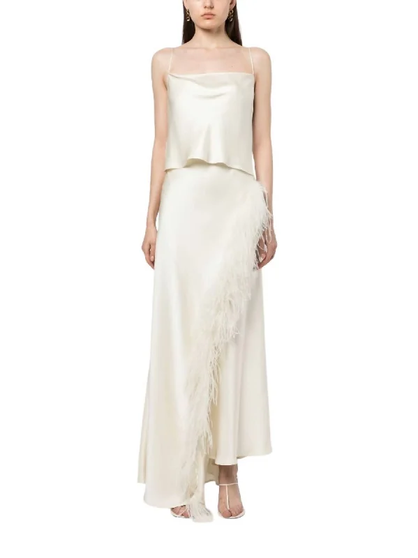 Doubleface Satin Maxi Skirt With Ostrich Feathers In Cream