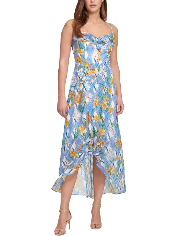 Juniors Womens Printed Ruffled Maxi Dress