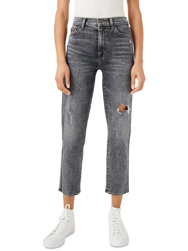 Womens Distressed High Waist Straight Leg Jeans