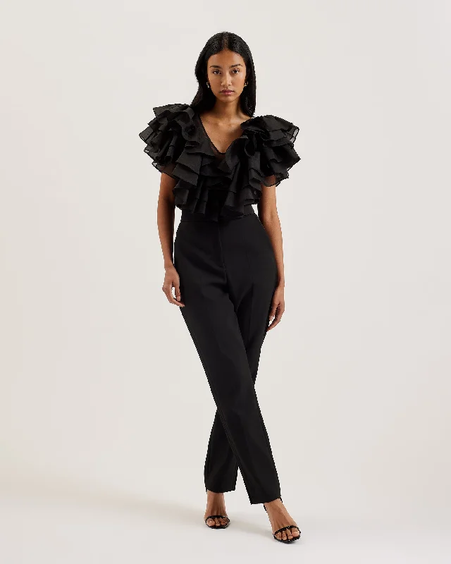 Calonda Oversized Ruffle V Neck Top Black