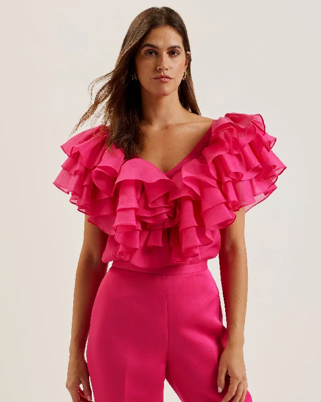 Calonda Oversized Ruffle V Neck Top Fuchsia