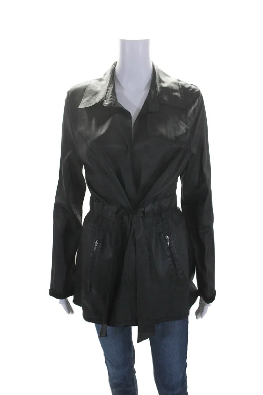 In Transit Women's Collared Long Sleeves Tie Waist Leather Jacket Black