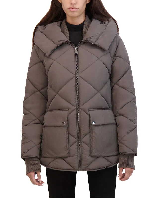 Kenneth Cole Diamond Quilted Crinkle Puffer Coat