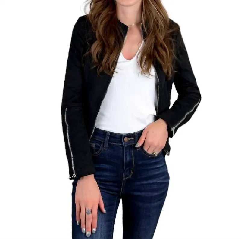 Suede Cropped Moto Jacket In Black