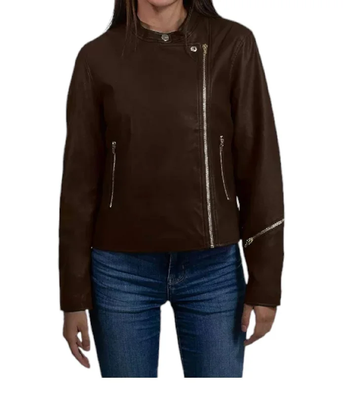 Synthetic Leather Biker Jacket In Brown