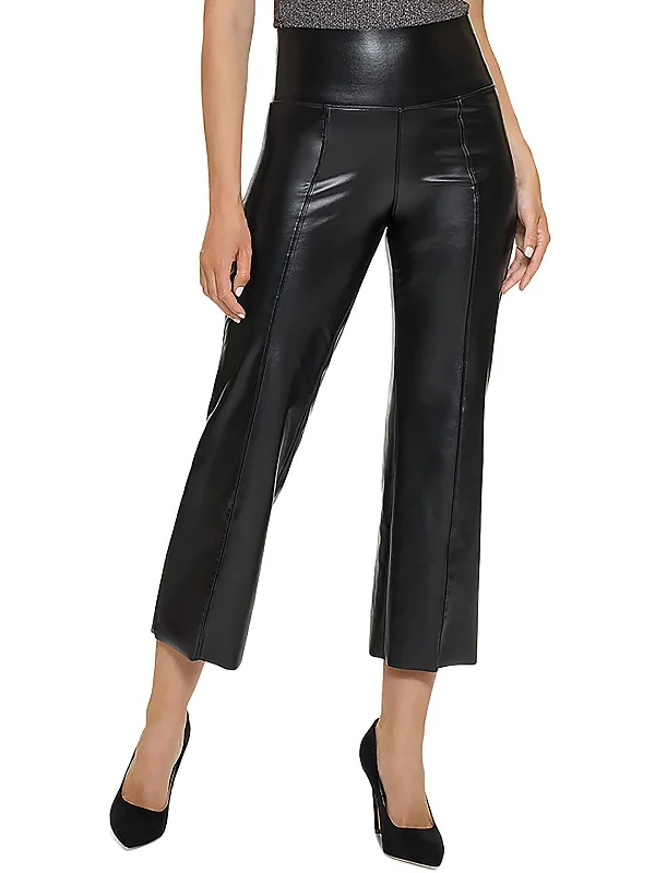 Womens Faux Leather High Rise Flared Pants