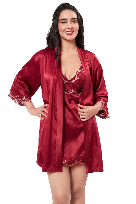 Eternal Bliss Satin Lace Robe - Red Berry