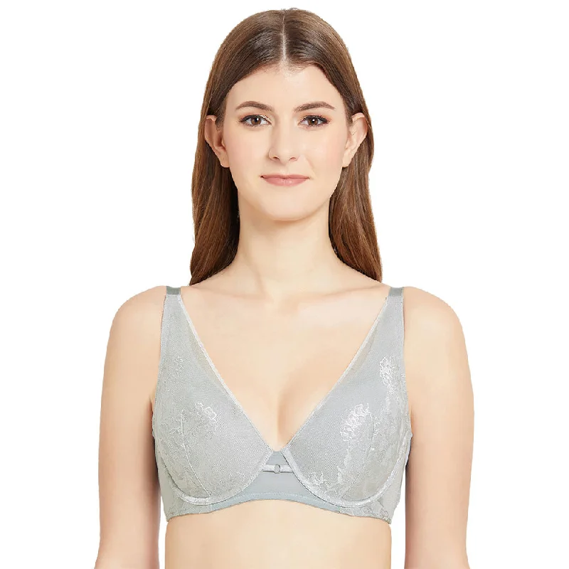 Feliz Padded Wired  3/4th Cup Everyday Wear Medium coverage Lace Plunge Bra - Grey