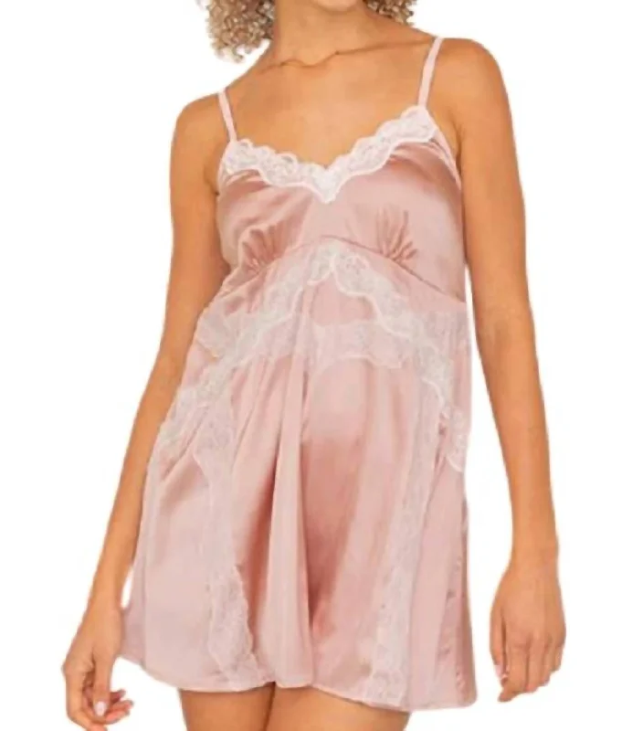 Satin Lace Slip Dress In Pink